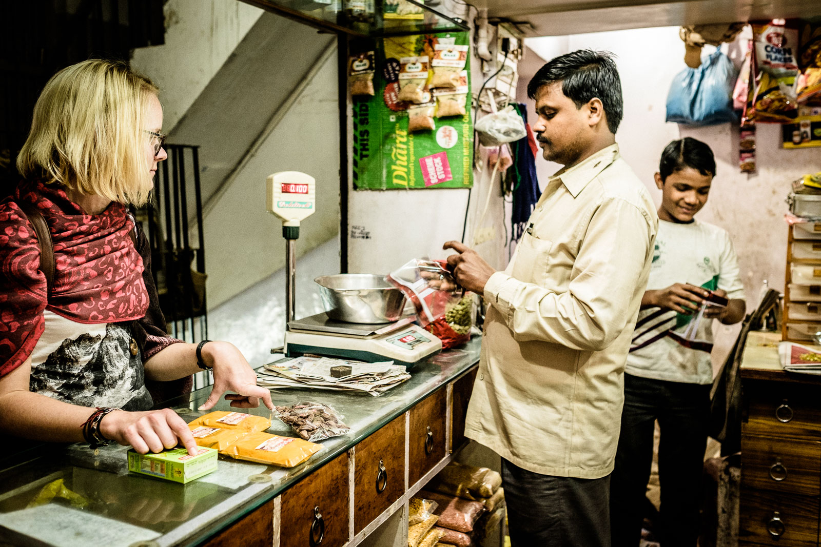 Buying our spices in Varanasi at Mr Nazaret