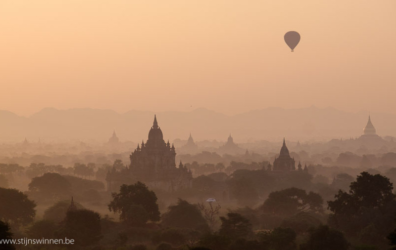 Hot air balloon floating over Bagan Pagoda